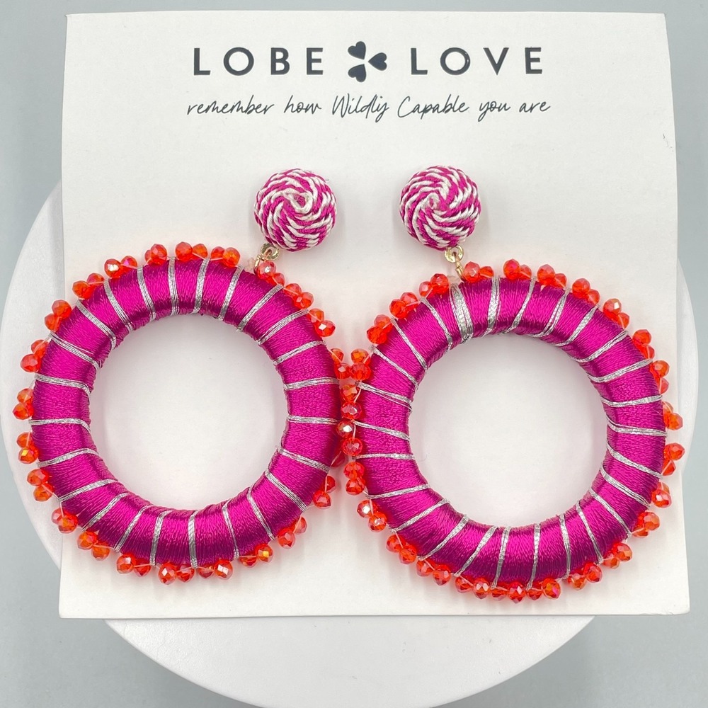 VTG Y2K Lobe Love Magenta Pink Thread Wrap Large Hoop Earrings Orange Bead Trim